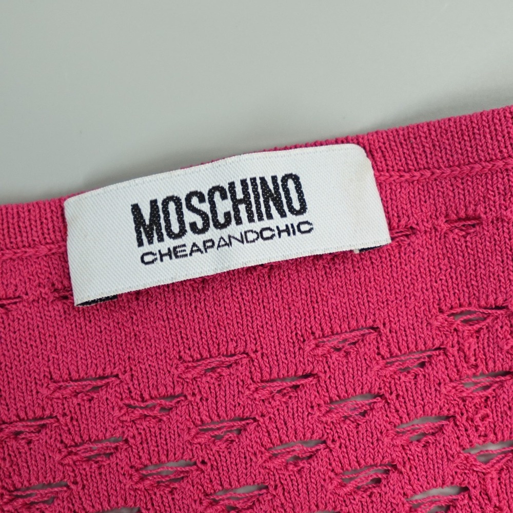 Moschino Cardigan Womens 4 Pink Cropped Fine‎ Knit Open Stitched Statement Italy - Picture 2 of 16
